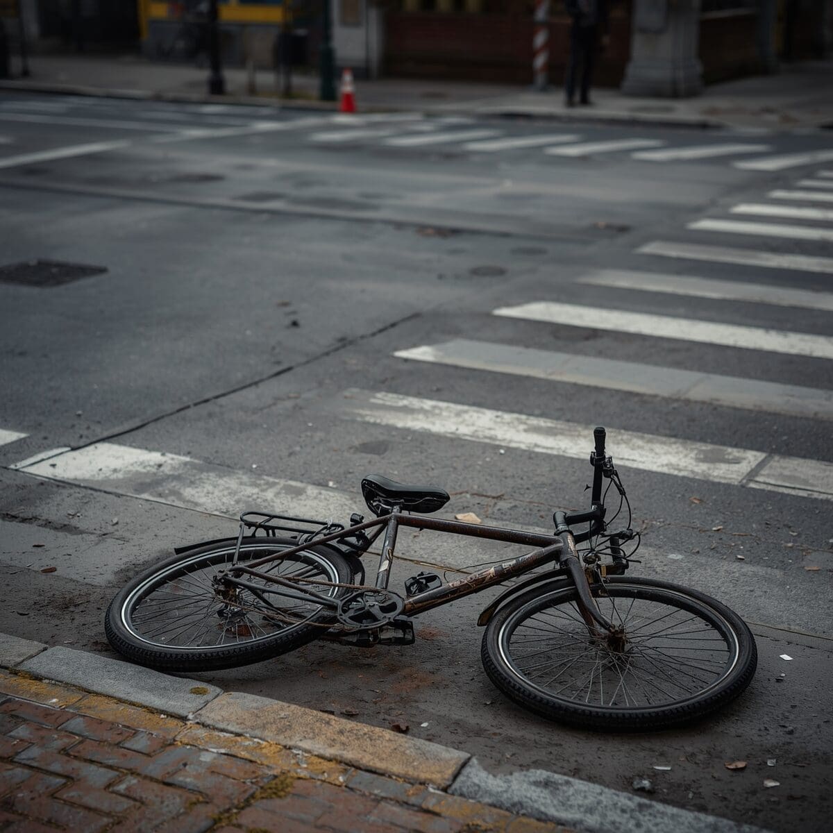 Damaged bicycle on city street after accident