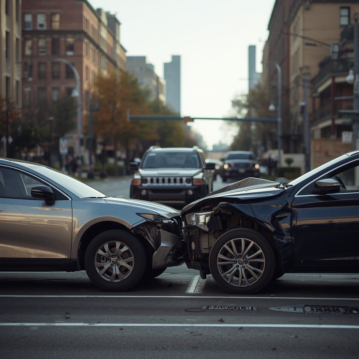 Two cars involved in collision on city street