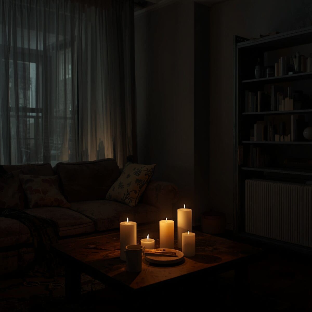 Dark apartment interior showing lack of electricity and essential services