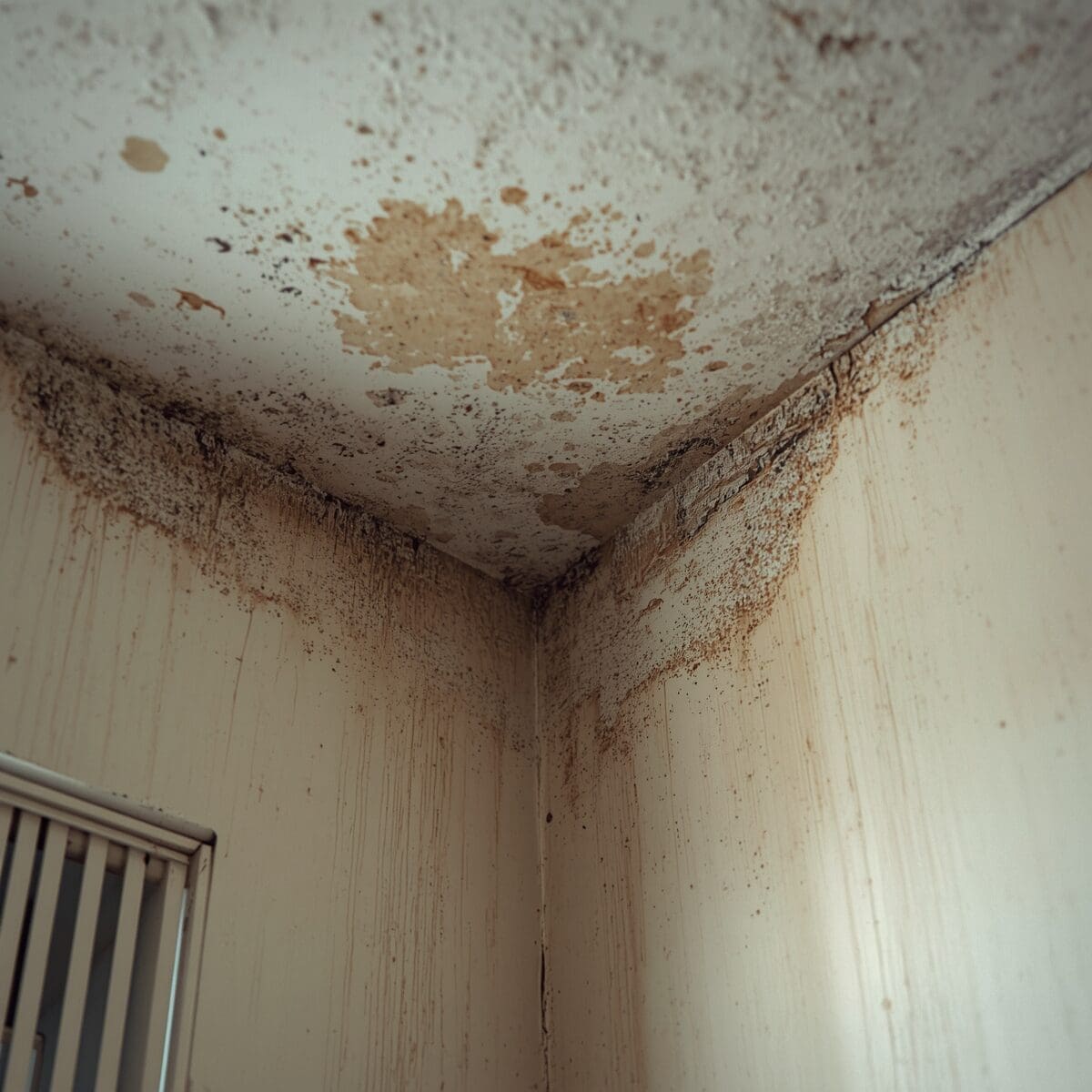Mold growth and water damage on apartment ceiling