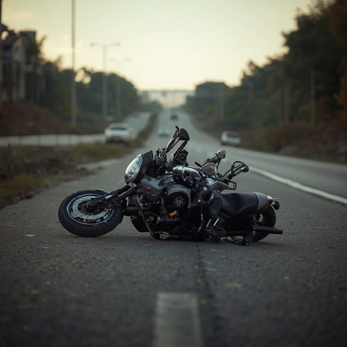 Motorcycle lying on road after accident