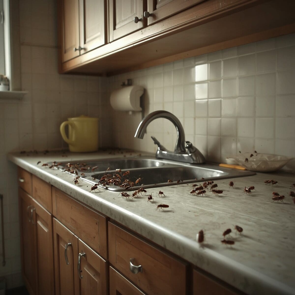 Tenant dealing with cockroach infestation in apartment kitchen