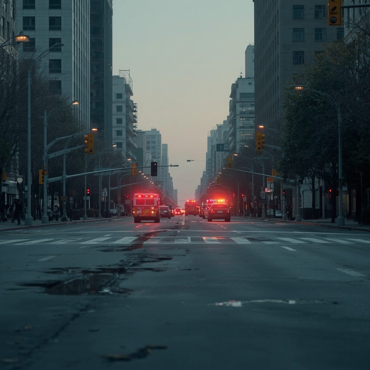 City street scene after traffic accident with emergency lights in distance
