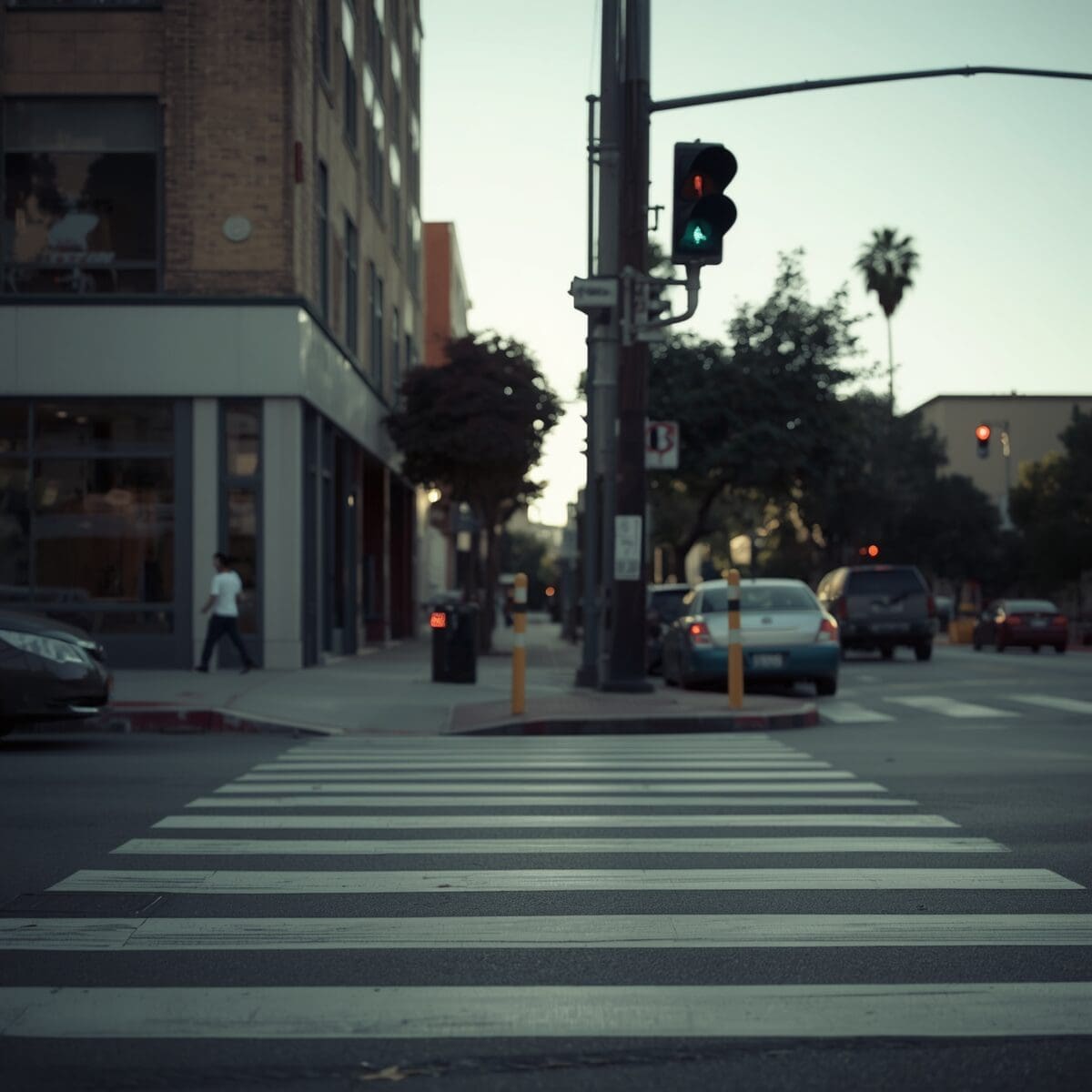 Crosswalk scene with vehicle stopped after pedestrian accident