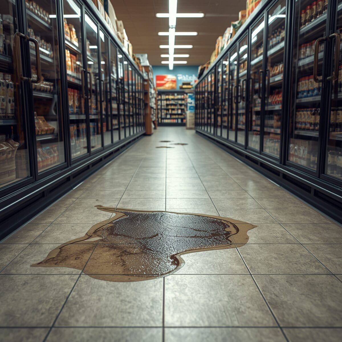 Grocery store aisle with wet floor hazard and no warning sign