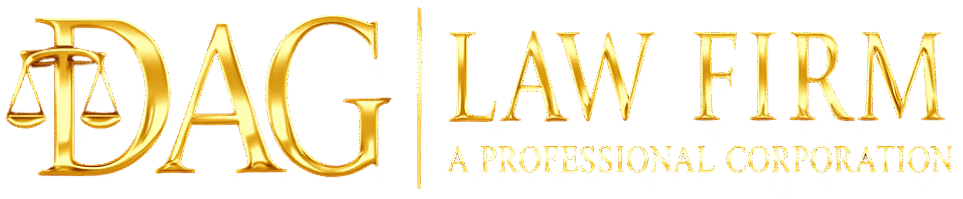 DAG Law Firm logo in metallic gold on a deep red background representing a Los Angeles personal injury and tenant habitability law firm